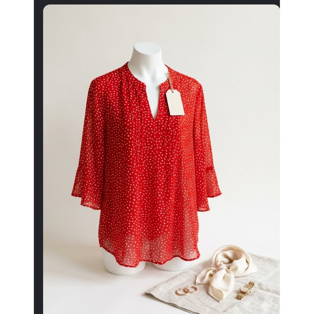 Gaharu Red Polka Dot Split Neck Blouse 3/4 Bell Sleeve Top XL